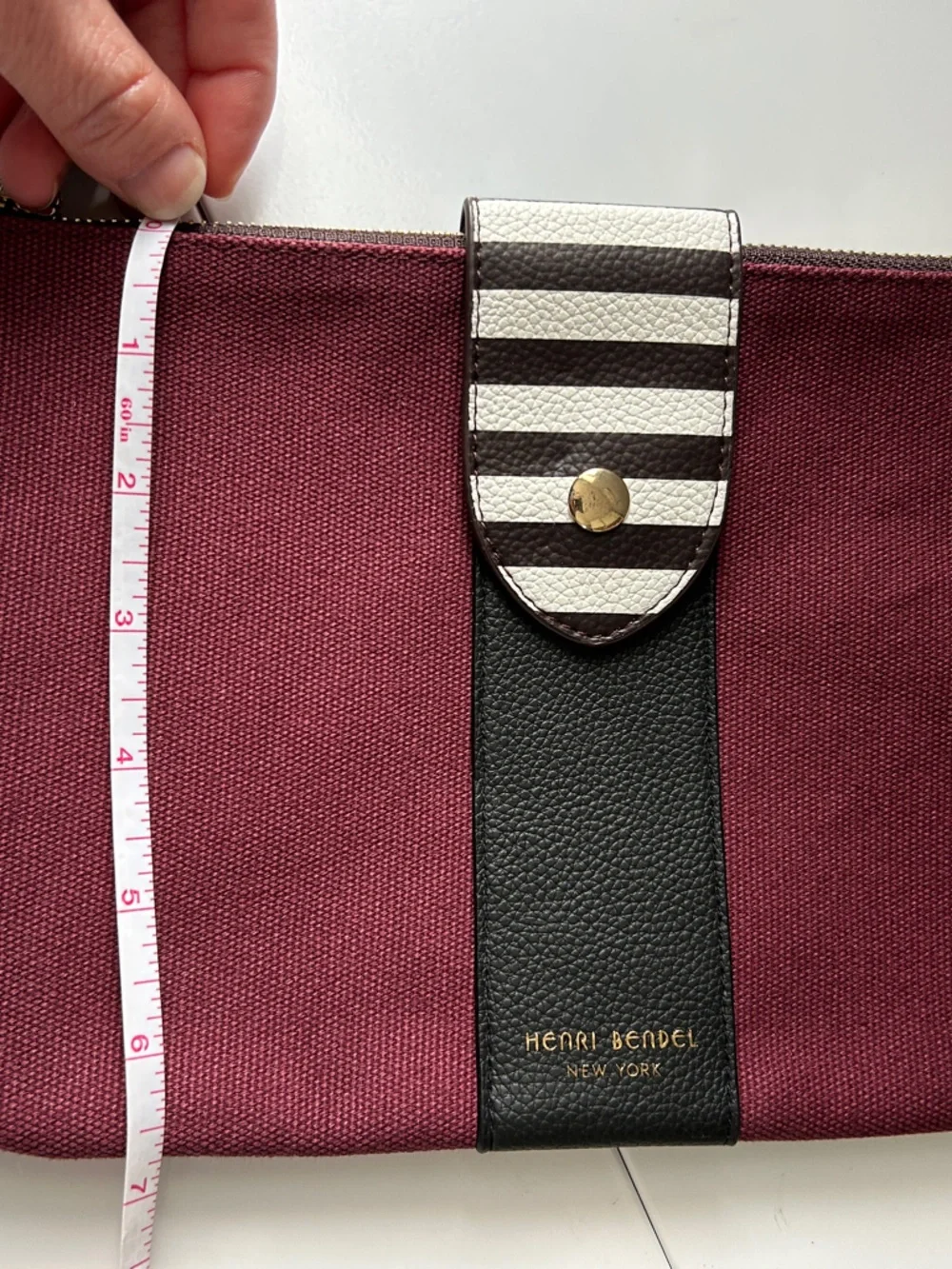 Henri Bendel Iconic Maroon Canvas Cosmetic Bag Zip Clutch Stripe Makeup Pouch
